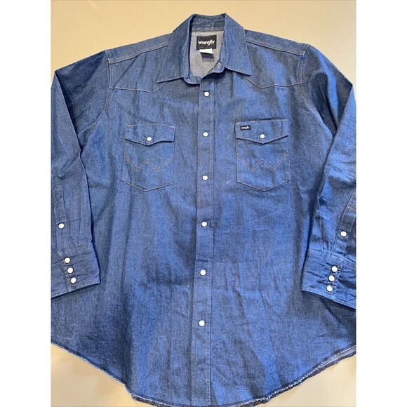 VTG Wrangler Sanforized Blue Denim Men's Pearl Snap Button Western 18x34 Big - Picture 1 of 8